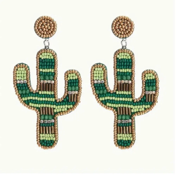 Green Cactus Beaded Dangle Earrings - Picture 1 of 3